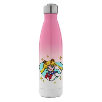 Sailor Moon star, Μεταλλικό παγούρι θερμός Ροζ/Λευκό (Stainless steel), διπλού τοιχώματος, 500ml