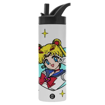 Sailor Moon star, Μεταλλικό παγούρι θερμός με καλαμάκι & χειρολαβή, ανοξείδωτο ατσάλι (Stainless steel 304), διπλού τοιχώματος, 600ml