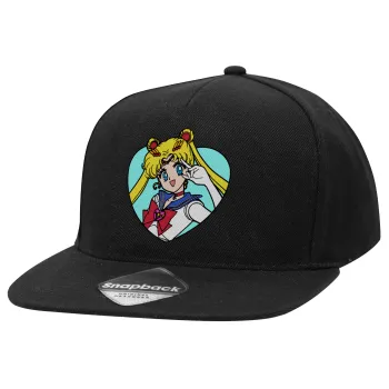 Sailor Moon star, Καπέλο Ενηλίκων Flat Snapback Μαύρο, (100% ΒΑΜΒΑΚΕΡΟ TWILL, ΕΝΗΛΙΚΩΝ, UNISEX, ONE SIZE)