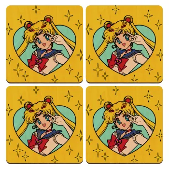 Sailor Moon star, ΣΕΤ x4 Σουβέρ ξύλινα τετράγωνα plywood (9cm)