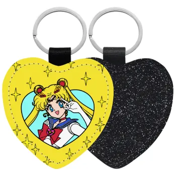 Sailor Moon star, Μπρελόκ PU δερμάτινο glitter καρδιά ΜΑΥΡΟ