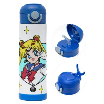 Sailor Moon star, Παιδικό παγούρι θερμό, ανοξείδωτο, με καλαμάκι ασφαλείας, ΜΠΛΕ (500ml)