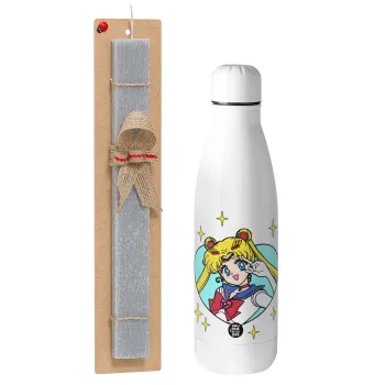 Sailor Moon star, Easter Set, metallic stainless thermos bottle (500ml) & scented flat Easter candle (30cm) (GRAY)