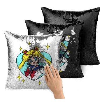 Sailor Moon star, Μαξιλάρι καναπέ Μαγικό Μαύρο με πούλιες 40x40cm περιέχεται το γέμισμα