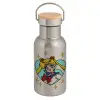 Stainless steel metallic thermos flask, silver with a bamboo lid, double-walled, 350ml.