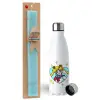 Easter Set, metallic stainless steel water bottle (750ml) & aromatic flat Easter candle (30cm) (TURQUOISE)