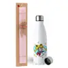 Easter Set, metallic stainless steel water bottle (750ml) & scented flat Easter candle (30cm) (PINK)