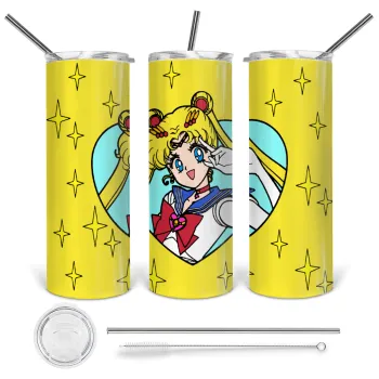 Sailor Moon star, Tumbler ποτήρι θερμό από ανοξείδωτο ατσάλι 600ml, με μεταλλικό καλαμάκι & βούρτσα καθαρισμού