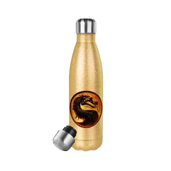 Mortal Kombat, Μεταλλικό παγούρι θερμός Glitter χρυσό (Stainless steel), διπλού τοιχώματος, 500ml