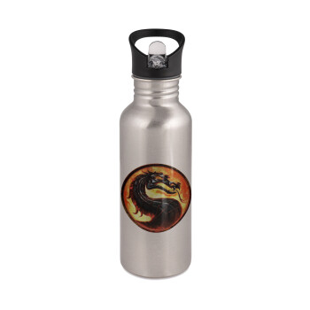 Mortal Kombat, Water bottle Silver with straw, stainless steel 600ml