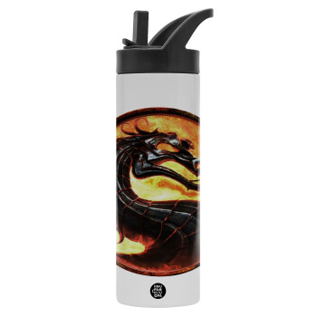 Mortal Kombat, Metallic thermos bottle with straw & handle, stainless steel (Stainless steel 304), double-walled, 600ml.
