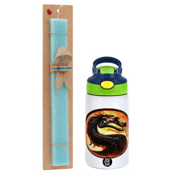 Mortal Kombat, Easter Set, Children's thermal stainless steel bottle with safety straw, green/blue (350ml) & aromatic flat Easter candle (30cm) (TURQUOISE)
