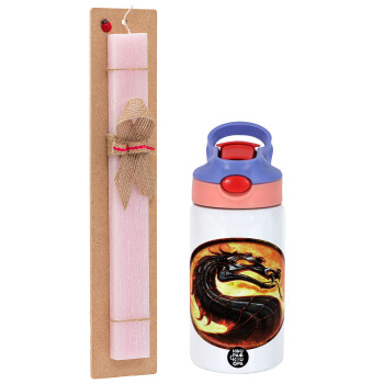 Mortal Kombat, Easter Set, Children's thermal stainless steel water bottle with safety straw, pink/purple (350ml) & Easter scented flat candle (30cm) (PINK)