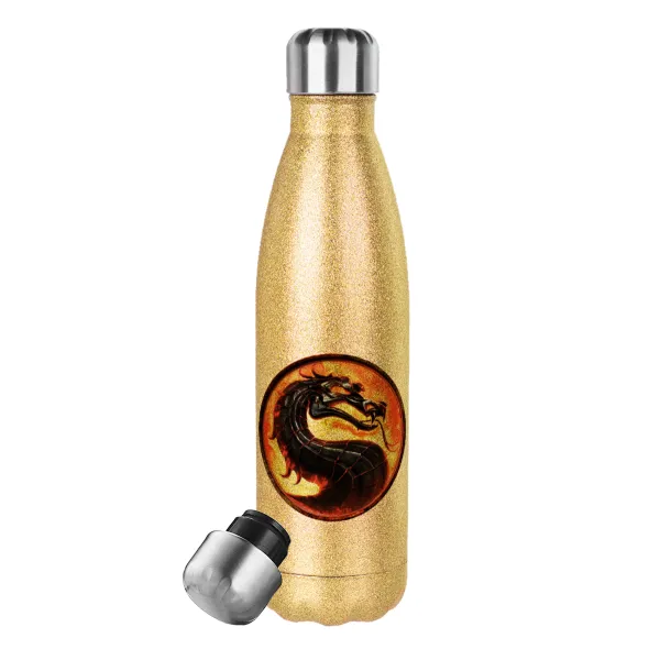 Mortal Kombat — Glitter gold stainless steel thermos bottle, double-walled, 500ml