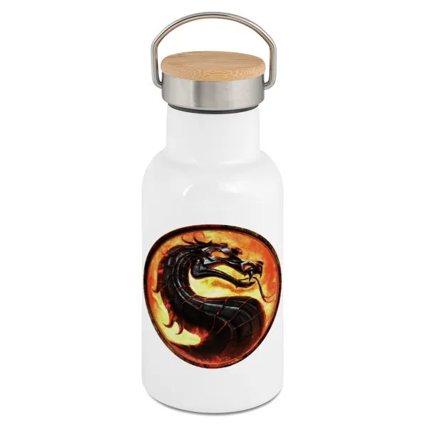 Mortal Kombat — Metallic thermos (Stainless steel) White with wooden lid (bamboo), double-walled, 350ml