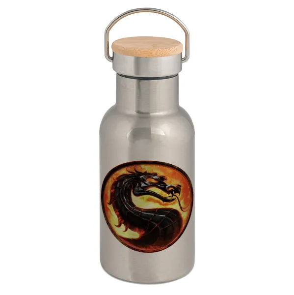 Mortal Kombat — Stainless steel metallic thermos flask, silver with a bamboo lid, double-walled, 350ml.