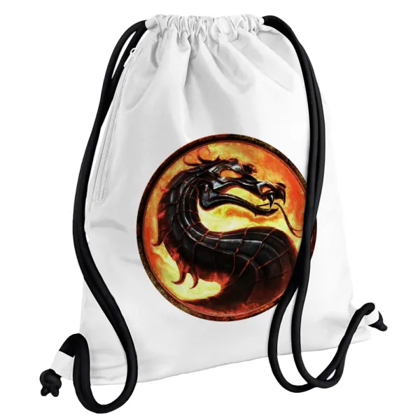 Mortal Kombat — Τσάντα πλάτης πουγκί GYMBAG λευκή, με τσέπη (40x48cm) & χονδρά κορδόνια