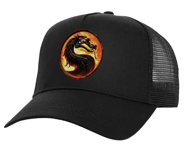 Mortal Kombat — Structured Trucker Adult Hat, with Mesh, Black (100% COTTON, ADULT, UNISEX, ONE SIZE)