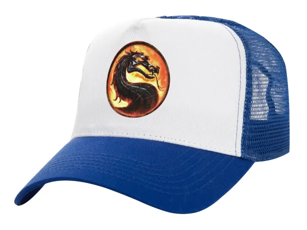 Mortal Kombat — Adult Structured Trucker Hat, with Mesh, WHITE/BLUE (100% COTTON, ADULT, UNISEX, ONE SIZE)