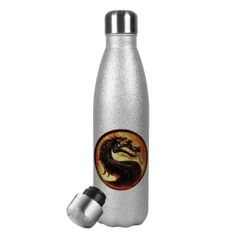 Mortal Kombat, Μεταλλικό παγούρι θερμός Glitter Aσημένιο (Stainless steel), διπλού τοιχώματος, 500ml