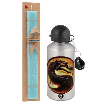Mortal Kombat, Easter Set, metallic silver aluminum water bottle (500ml) & scented flat Easter candle (30cm) (TURQUOISE)