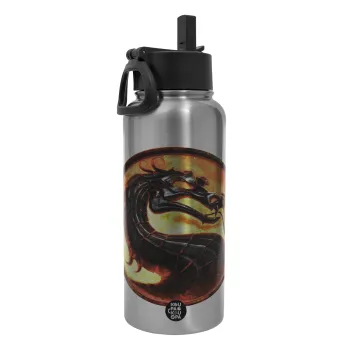 Mortal Kombat, Μεταλλικό παγούρι θερμός Silver με καλαμάκι και χερούλι (Stainless steel), διπλού τοιχώματος, 950ml