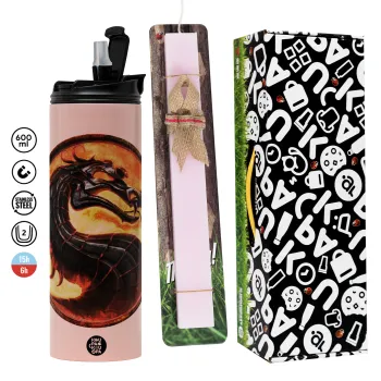 Mortal Kombat, Easter candle,Travel Tumbler 2 Lids, with metal straw & cleaning brush & aromatic flat candle (30cm) (PINK)