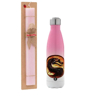 Mortal Kombat, Easter Set, Metallic pink/white (Stainless steel) thermos, double-walled, 500ml & aromatic flat Easter candle (30cm) (PINK)
