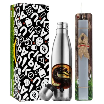 Mortal Kombat, Easter Set, metallic stainless thermos flask (500ml) & scented flat Easter candle (30cm) (GRAY)