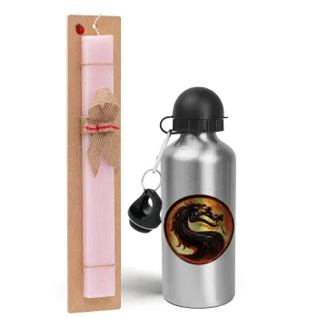 Mortal Kombat, Easter Set, metallic Silver aluminum water bottle (500ml) & scented flat Easter candle (30cm) (PINK)