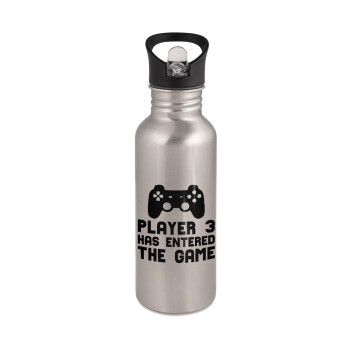 Player 3 has entered the Game, Water bottle Silver with straw, stainless steel 600ml