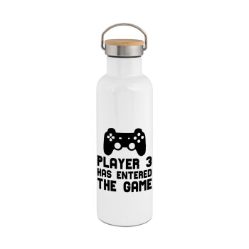Player 3 has entered the Game, Stainless steel White with wooden lid (bamboo), double wall, 750ml