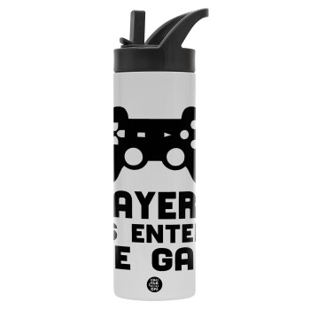 Player 3 has entered the Game, Μεταλλικό παγούρι θερμός με καλαμάκι & χειρολαβή, ανοξείδωτο ατσάλι (Stainless steel 304), διπλού τοιχώματος, 600ml