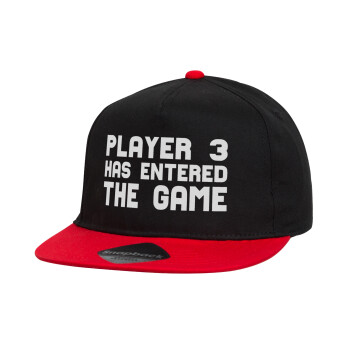 Player 3 has entered the Game, Children's Flat Snapback Hat, Black/Red (100% COTTON, CHILDREN'S, UNISEX, ONE SIZE)