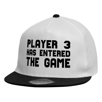 Player 3 has entered the Game, Child's Flat Snapback Hat, White (100% COTTON, CHILDREN'S, UNISEX, ONE SIZE)