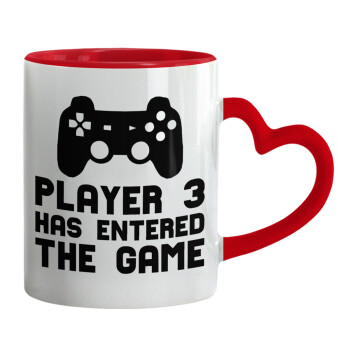 Player 3 has entered the Game, Mug heart red handle, ceramic, 330ml