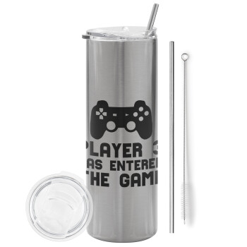 Player 3 has entered the Game, Eco friendly stainless steel Silver tumbler 600ml, with metal straw & cleaning brush
