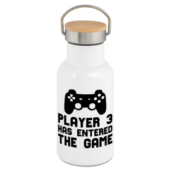 Player 3 has entered the Game, Metallic thermos (Stainless steel) White with wooden lid (bamboo), double-walled, 350ml