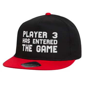 Player 3 has entered the Game, Καπέλο παιδικό Flat Snapback, Μαύρο/Κόκκινο (100% ΒΑΜΒΑΚΕΡΟ, ΠΑΙΔΙΚΟ, UNISEX, ONE SIZE)