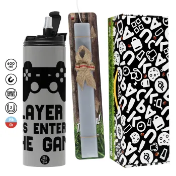Player 3 has entered the Game, Πασχαλινή Λαμπάδα με Travel Tumbler θερμό (600ml, BPA free) & κερί αρωματικό πλακέ (30cm) (ΓΚΡΙ)