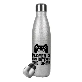 Player 3 has entered the Game, Metallic Glitter Silver Thermos Flask (Stainless steel), double-walled, 500ml