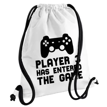 Player 3 has entered the Game, Τσάντα πλάτης πουγκί GYMBAG λευκή, με τσέπη (40x48cm) & χονδρά κορδόνια
