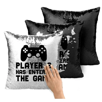 Player 3 has entered the Game, Μαξιλάρι καναπέ Μαγικό Μαύρο με πούλιες 40x40cm περιέχεται το γέμισμα