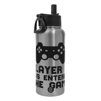 Player 3 has entered the Game, Metal mug thermo Silver with Straw and Spout Lid (Stainless steel), double wall, 950ml
