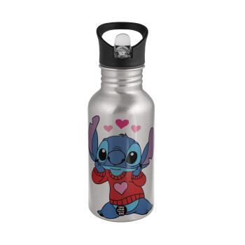Stitch heart, Water bottle Silver with straw, stainless steel 500ml