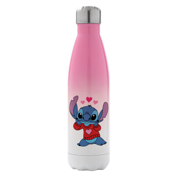 Stitch heart, Metal mug thermos Pink/White (Stainless steel), double wall, 500ml