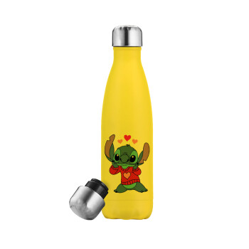Stitch heart, Yellow Stainless Steel Metallic Thermos, double-walled, 500ml