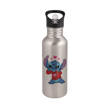 Stitch heart, Water bottle Silver with straw, stainless steel 600ml