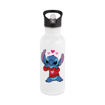 Stitch heart, White water bottle with straw, stainless steel 600ml
