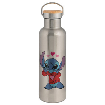 Stitch heart, Stainless steel Silver with wooden lid (bamboo), double wall, 750ml